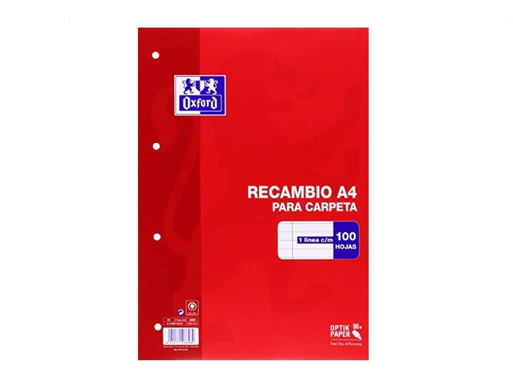 OXFORD RECAMBIO 100 HOJAS SUELTAS MICROPERFORADAS 1 LÍNEA CON MARGEN A4